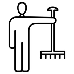 Gardener with a rake, maintenance staff in the garden. A tool for cleaning garbage and leaves. Gardening, agronomy. Vector icon, outline, isolated