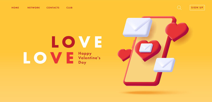 3d illustration of a smartphone with isometric hearts and love envelopes poping up from the screen