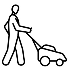 A man with a lawn mower. Landscape design, work on the infield. Maintenance staff for the house. Gardening, agronomy. Vector icon, outline, isolated