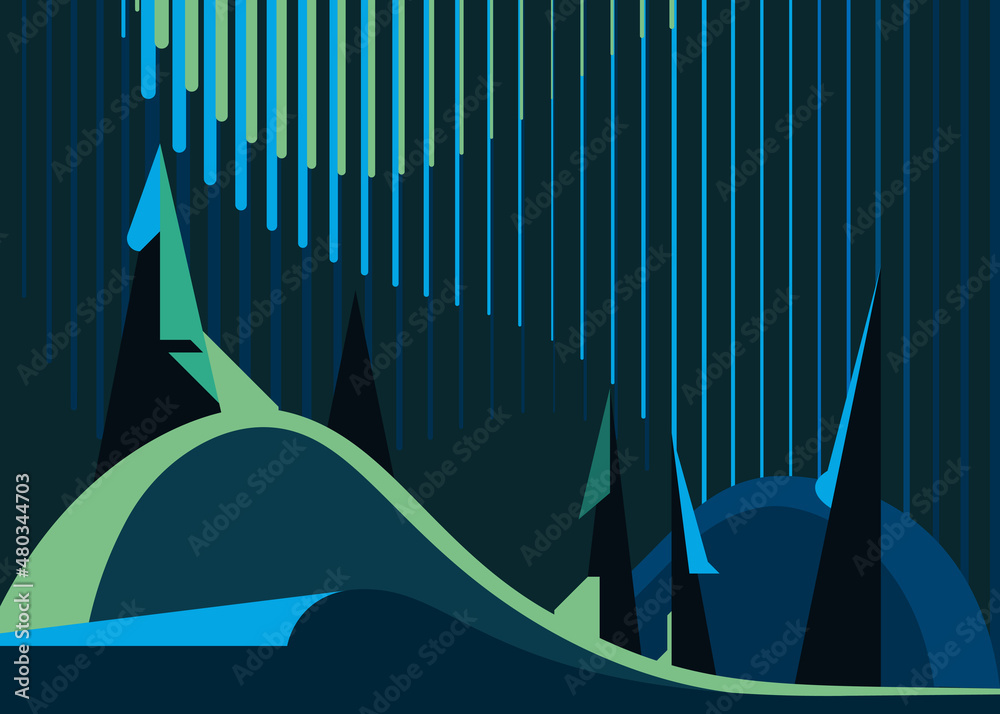 Poster banner with aurora borealis and forest. placard design in abstract style.