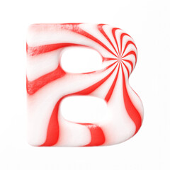 Candy letter B on clean white background isolated sweet candy lollipop 3D render with red and white stripes