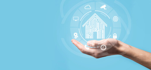 Hand hold house icon.Smart home controlled, intelligent house, and home automation app concept.Pcb...