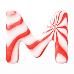 Candy letter M on clean white background isolated sweet candy lollipop 3D render with red and white stripes