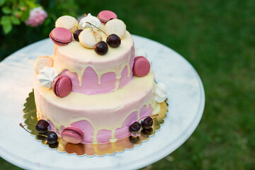 Fruit cake decorated with cherries and French macaroni served on a marble table against the background of a garden with blooming roses