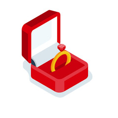 Wedding ring in the box. Vector illustration isometric 3d design. Isolated on white background. Proposal marriage cartoon style. Wedding ring and diamond. Red box. - obrazy, fototapety, plakaty