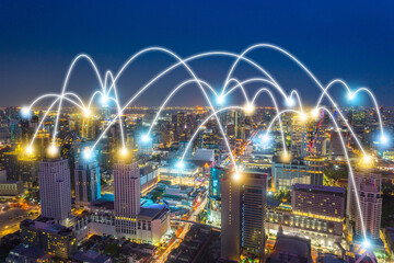 digital data network connection over smart city and communication network over skyline in business zone downtown to metaverse future worldwide technology