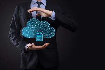 Cloud technology. Polygonal wireframe cloud storage sign with document icon on dark blue. Cloud...