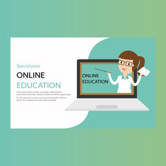 Online learning sign icon, laptop and teacher. Vector illustration eps 10.