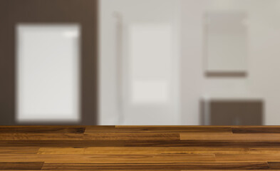 Background with empty table. Flooring. Clean and fresh bathroom with natural light. 3D rendering.. Mock