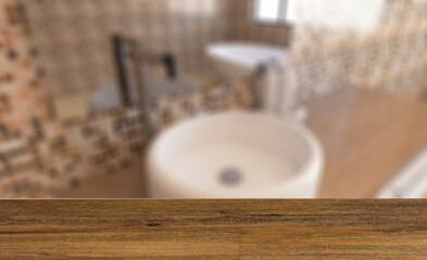 Scandinavian bathroom, classic  vintage interior design. 3D rend. Background with empty table. Flooring.