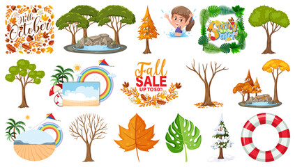 Set of four seasons trees and nature objects