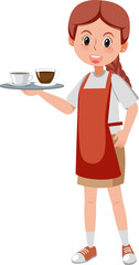 Young female waitress cartoon character on white background