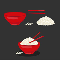 Rice bowl with chopsticks. Vector stock illustration isolated on black background for packaging, menu design Asian cuisine. Realistic traditional dish in cartoon style. 