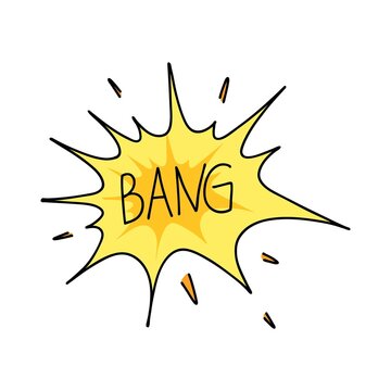 Comic explosion. Bang text in frame. Bomb explosion, meteorite fall, smoke cloud or fire flash. Atomic boom or dynamite detonation, doodle style, vector cartoon hand drawn color isolated illustration