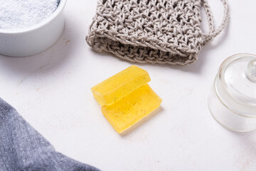 Fototapeta na wymiar Handmade natural Soap Saver Pouch, washcloth