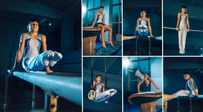 Set of photos of little male gymnast training in gym, flexible and active. Strength, balance. Movement, action, motion, dynamic concept