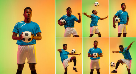 Collage made of shots of one professional football soccer player with ball in motion, action isolated on yellow studio background in neon light.