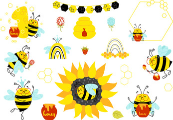 Set with cute bees, honey, flowers and rainbows. Hand drawn bee honey elements and hive honeycomb.