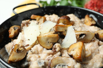 Concept of tasty food with risotto with mushrooms, close up