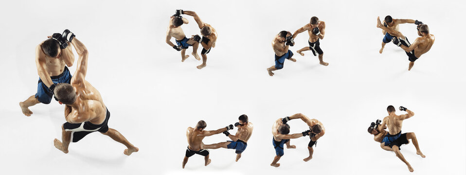 Development of movements in sport training. Set of images of two young sportive men, mma, thai boxers training isolated over white background.