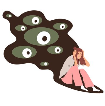 Persecutory delusions of person with mental health problems. Paranoid concept. Obsessive woman in panic, suffer from fears and anxiety. Flat graphic illustration isolated on white background