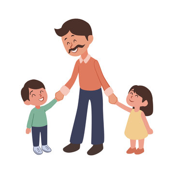 Father and his son and daughter flat vector illustration