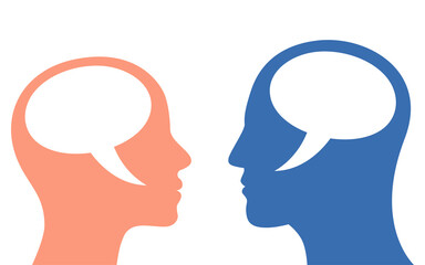 Man and woman speech bubbles, space for text.
