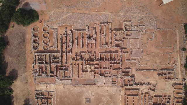 Aerial view. Archaeological site of the ancient Minoan civilization. The ruins of the Minoan palace are not far from the city of Malia on the island of Crete.