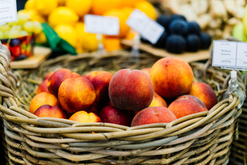 Big choice of fresh fruits and vegetables on market counter