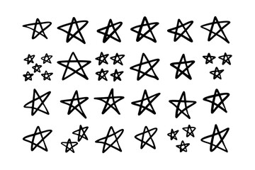 Simple outline grunge stars, signs and symbols. Hand drawn, elements isolated. Vector illustration