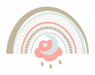 Bohemian cute rainbow vector in pastel colors. Baby abstract, boho rainbows with drops, heart, stars, cloud isolated on white background.