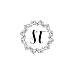 Initial ST beauty monogram and elegant logo design, handwriting logo of initial signature, wedding, fashion, floral
