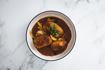 vegan roasted potatoes and onion with gravy, healthy plant-based food