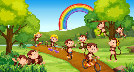 Park scene with little monkeys doing different activities