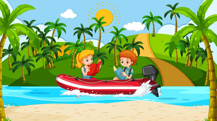 Ocean scenery with children reading book on inflatable boat