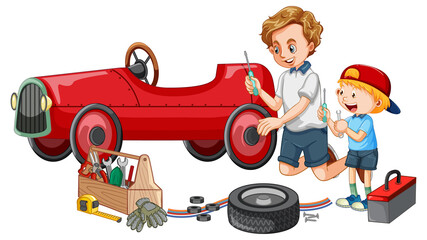 Dad and son repairing a car together