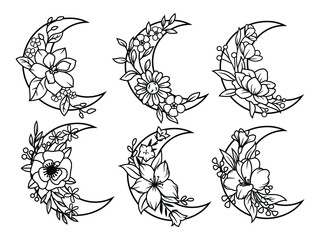 Set of floral crescent moon. Collection of silhouettes decorative beautiful flower arrangements. Botany. Vector illustration for trendy t-shirt design.Tattoo. © panaceaart
