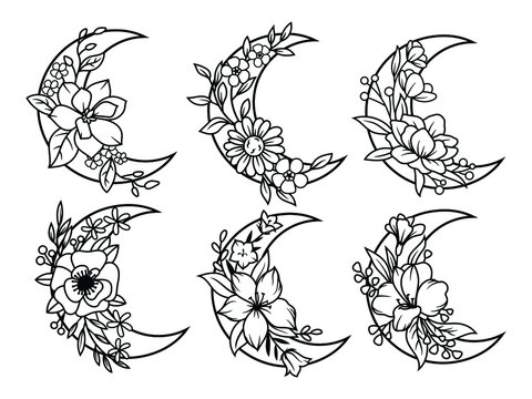 Set of floral crescent moon. Collection of silhouettes decorative beautiful flower arrangements. Botany. Vector illustration for trendy t-shirt design.Tattoo.