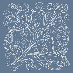 Fototapeta na wymiar Hand-drawn birds, Doodles fantastic tree. Blue and white vector illustration