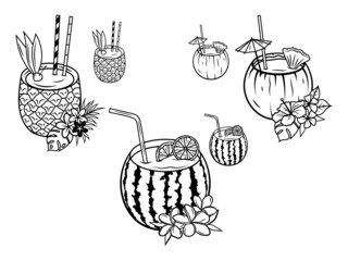 Set of coconut coctail. Collection of tropical cocktails with flowers. Exotic drink with bar umbrella. Vector illustration isolated on white background.