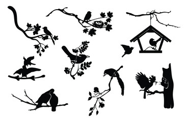 Set of silhouettes of birds sitting on tree branches. Collection of black outline of a flock of spring birds. Decorative tree branch with bird. Vector illustrations of animals of the fauna. 
