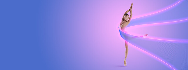 Graceful ballet dancer, flexible girl dancing isolated on lilac color background in pink neon light with luminescent lines, shapes. - obrazy, fototapety, plakaty