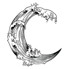 Crescent moon with waves. Illustration of the moon with a ocean wave. Beautiful nature for printing on shirt. Water logo. Tattoo. © panaceaart