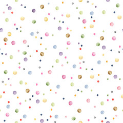 Watercolor seamless pattern polka dot pastel color. Hand drawn illustration isolated on white background. Perfect for wrapping paper, wallpaper, fabric or nursery textile