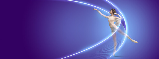 Fototapeta Graceful ballet dancer or classic ballerina dancing isolated on dark blue background in neon with luminescent lines, shapes. Dance, grace, contemporary artwork. obraz
