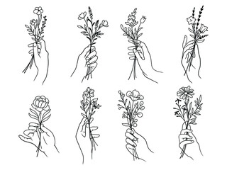 Set of hand holding bouquets. Collection of female hands with a flower arrangement. Wedding bouquets. Design for clothes. Vector illustration isolated on white background.