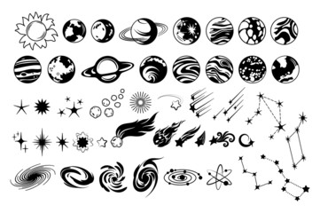Set of space planets. Collection of celestial bodies and celestial bodies. Astronomy. Design of universal objects. Vector illustration of the solar system. © panaceaart