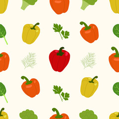Seamless pattern with peppers, broccoli, spinach, dill and parsley. Backgrounds and wallpapers for invitations, cards, fabrics, packaging, textiles, posters. Vector illustration.