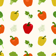 Seamless pattern with peppers, broccoli, spinach, dill and parsley. Backgrounds and wallpapers for invitations, cards, fabrics, packaging, textiles, posters. Vector illustration.