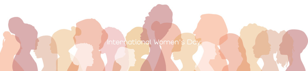 International Women's Day banner. Women of different ethnicities stand side by side together.